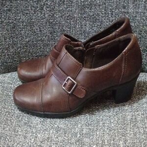 Clarks Brown Heeled Boots with Buckle Strap